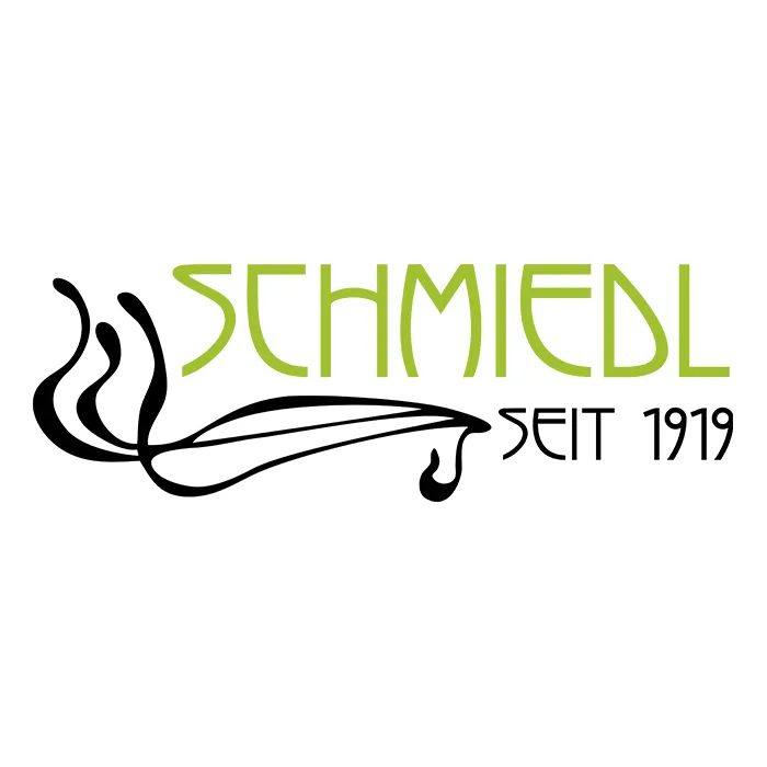 Ein Logo von Pixelflüsterer designen lassen, wie „SCHMIEDL“. Das Bild zeigt den stilisierten Text „SCHMIEDL“ in Grün und darunter die Worte „SEIT 1919“ in Schwarz zeigt. Auf der linken Seite ist ein schwarzes Jugendstilelement in das Logo eingearbeitet. © Pixelflüsterer